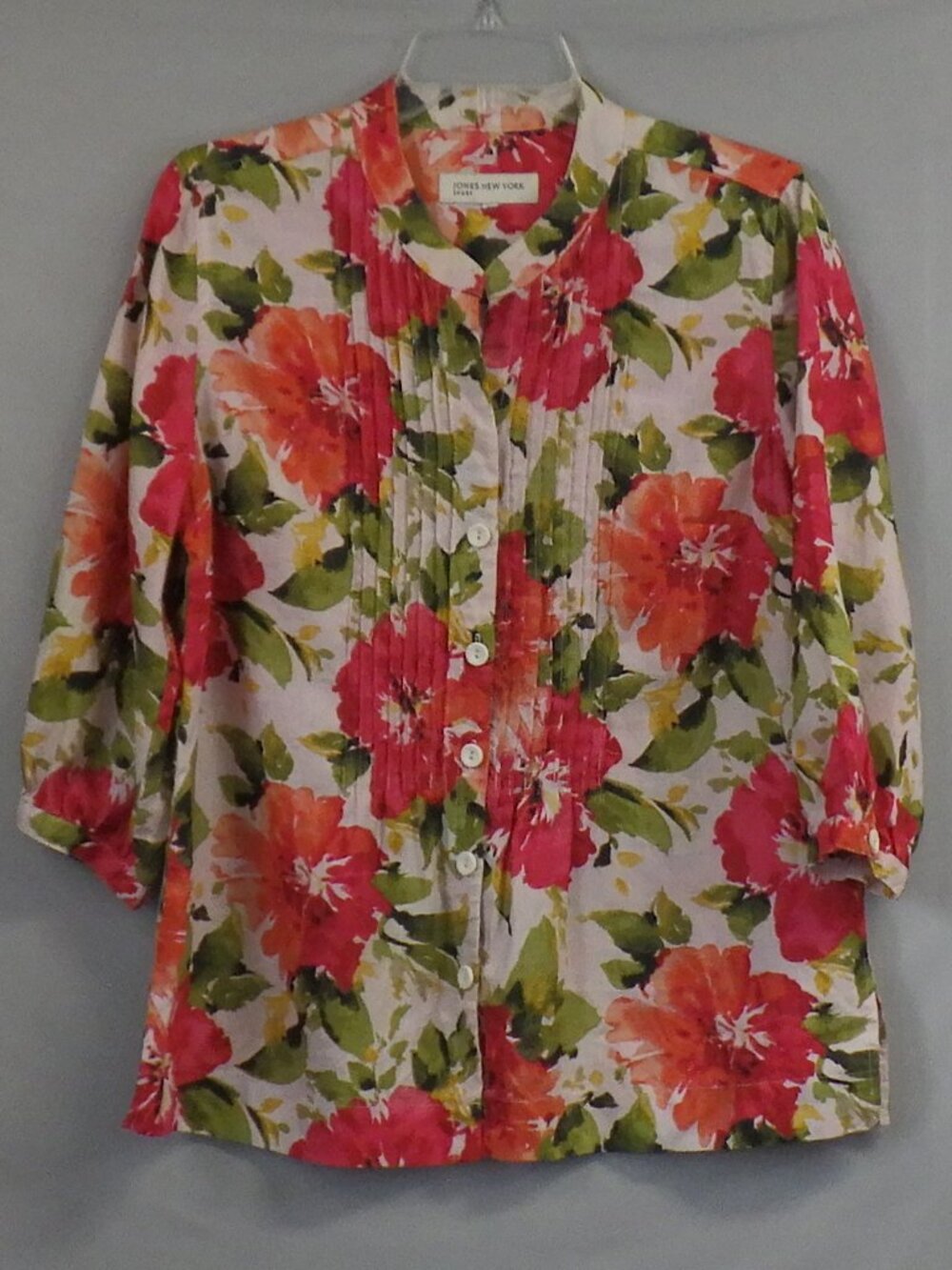 Jones New York Bold Floral 100% Linen Pintuck Button Down Blouse   A660